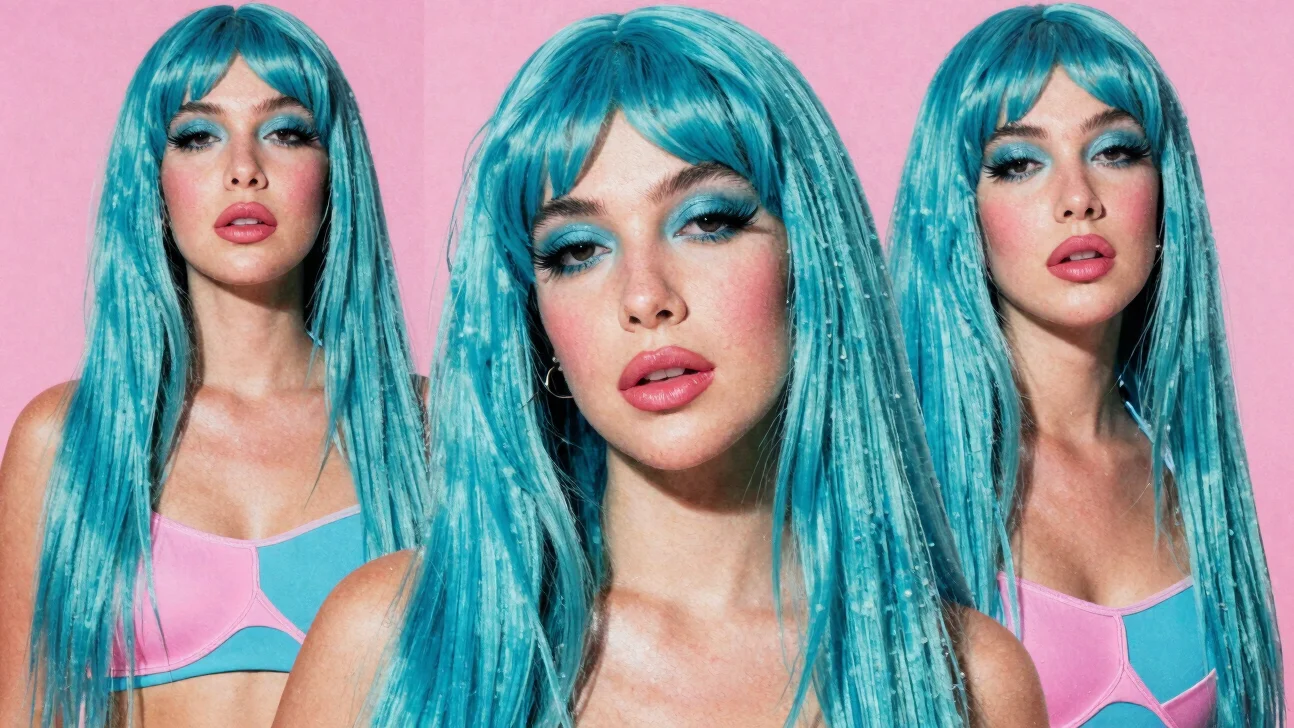 Retro editorial portrait of Luciana Rocha, a synthetic pop icon, saturated cyan and candy-pink studio gel, cutout collag