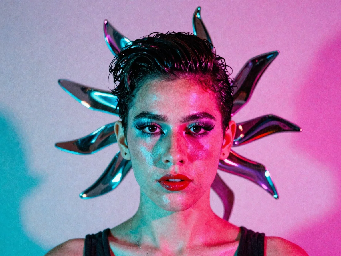 Expressive retro editorial portrait of a stylised synthetic perfo
