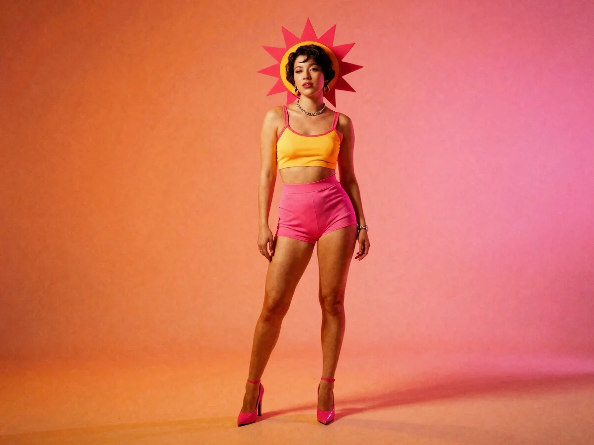 Retro editorial portrait of a stylised synthetic singer with bold