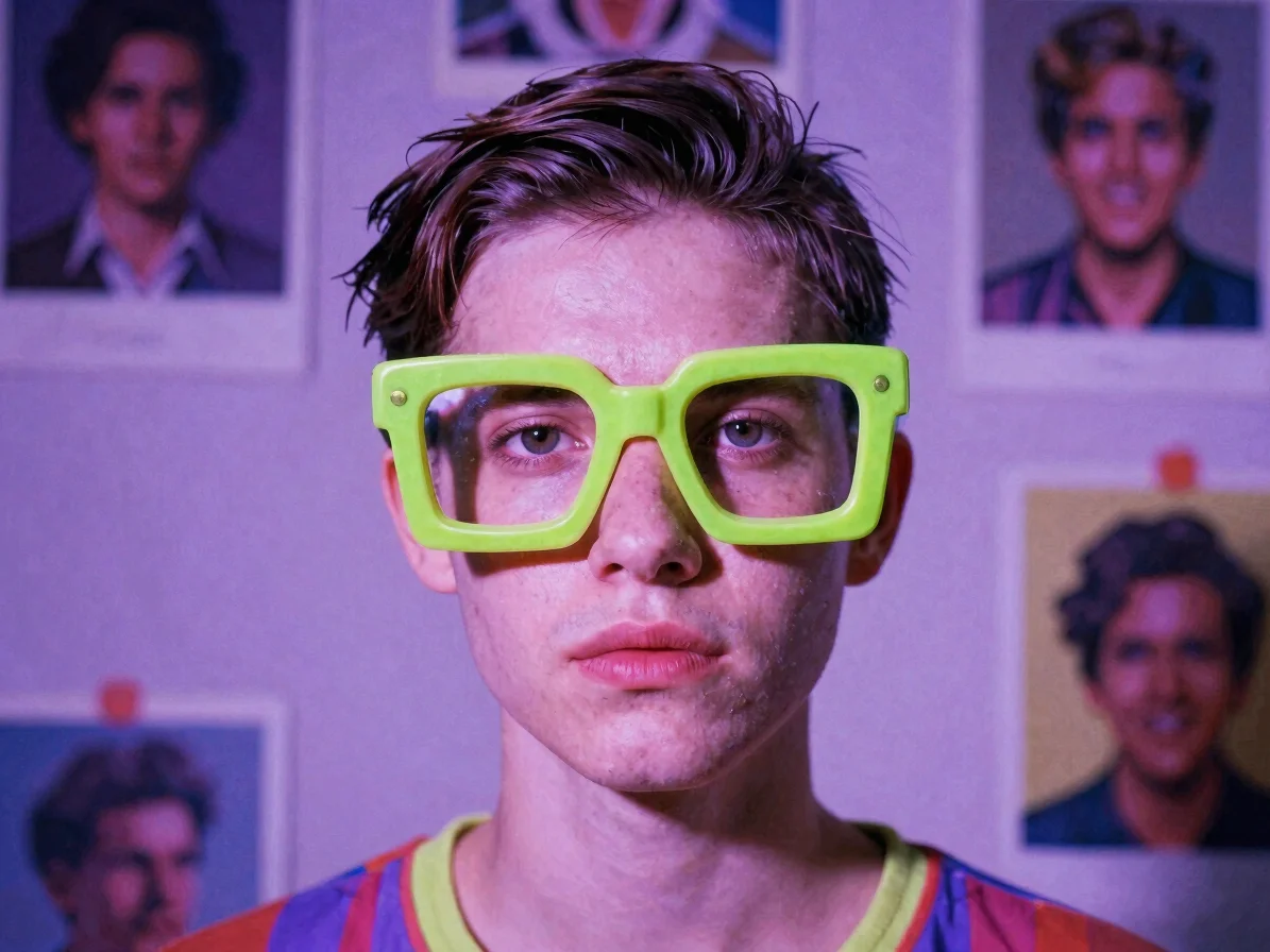 Expressive retro editorial portrait of a stylised synthetic artis
