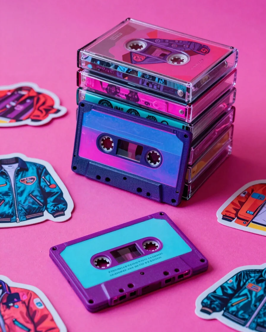 Retro editorial photograph of a glossy neon cassette j-card and a