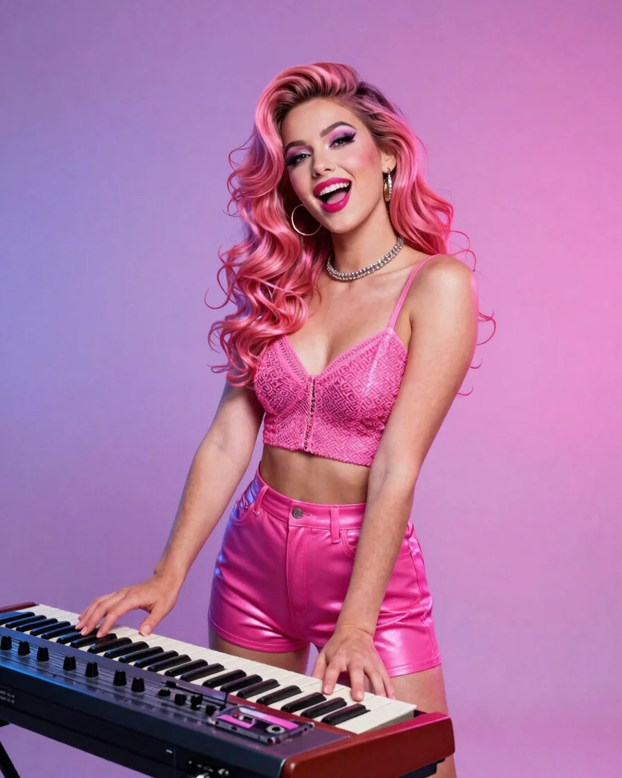 Expressive retro editorial portrait of a glamorous synth-pop sing