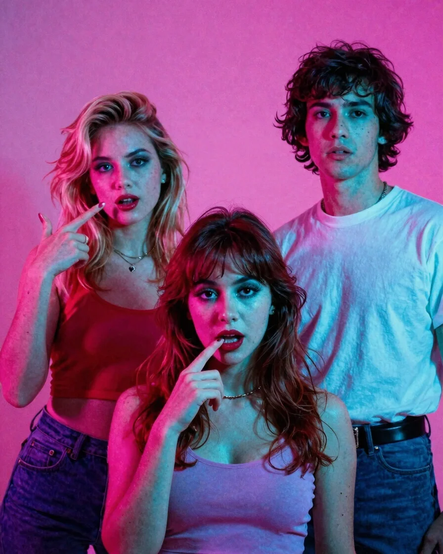 Neon-gelled studio portrait of three synthetic pop icons in satur