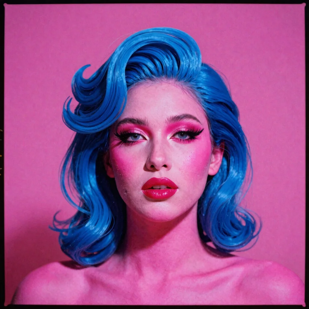 Studio-gel lit portrait of a stylised synthetic performer, vivid magenta and electric blue, layered cutout shapes, 35mm