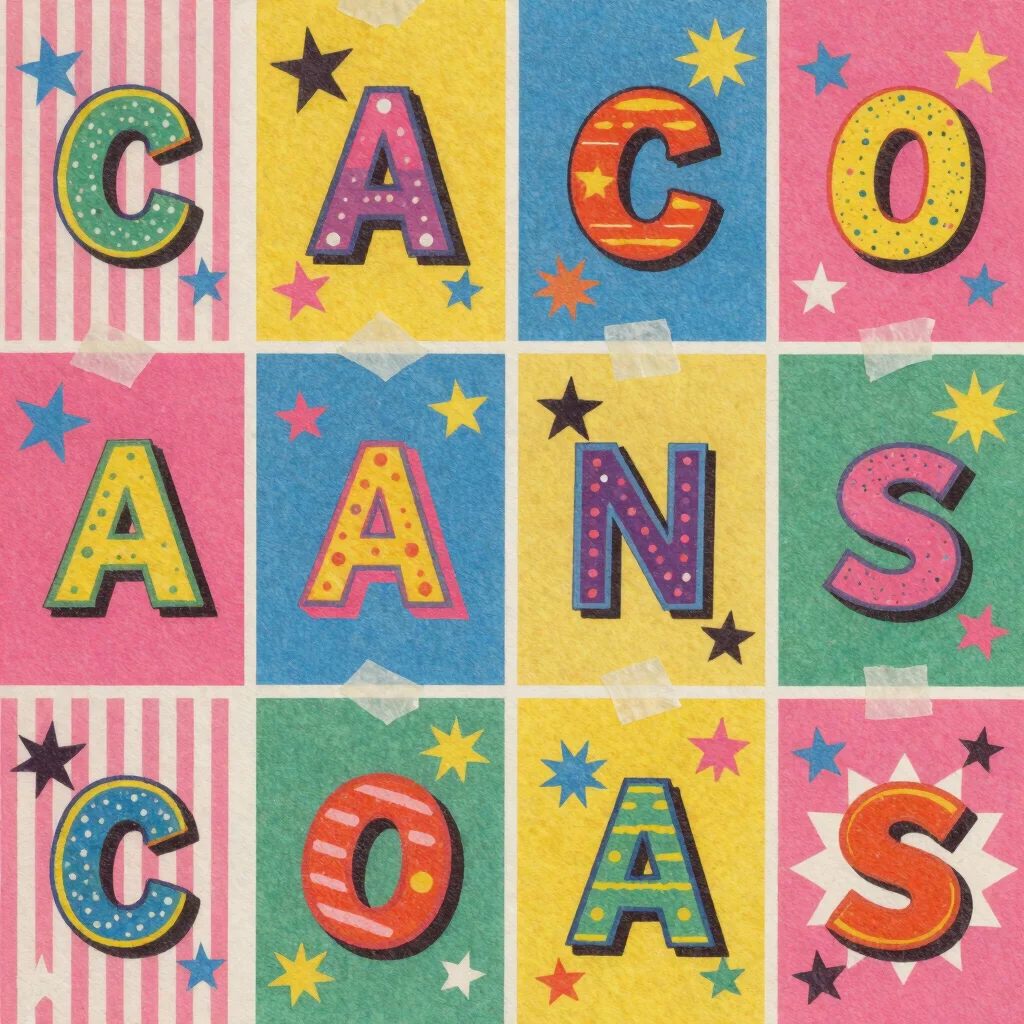Printed ephemera collage with tape stripes, starbursts and chunky lettering, candy colours, 80s pop poster energy