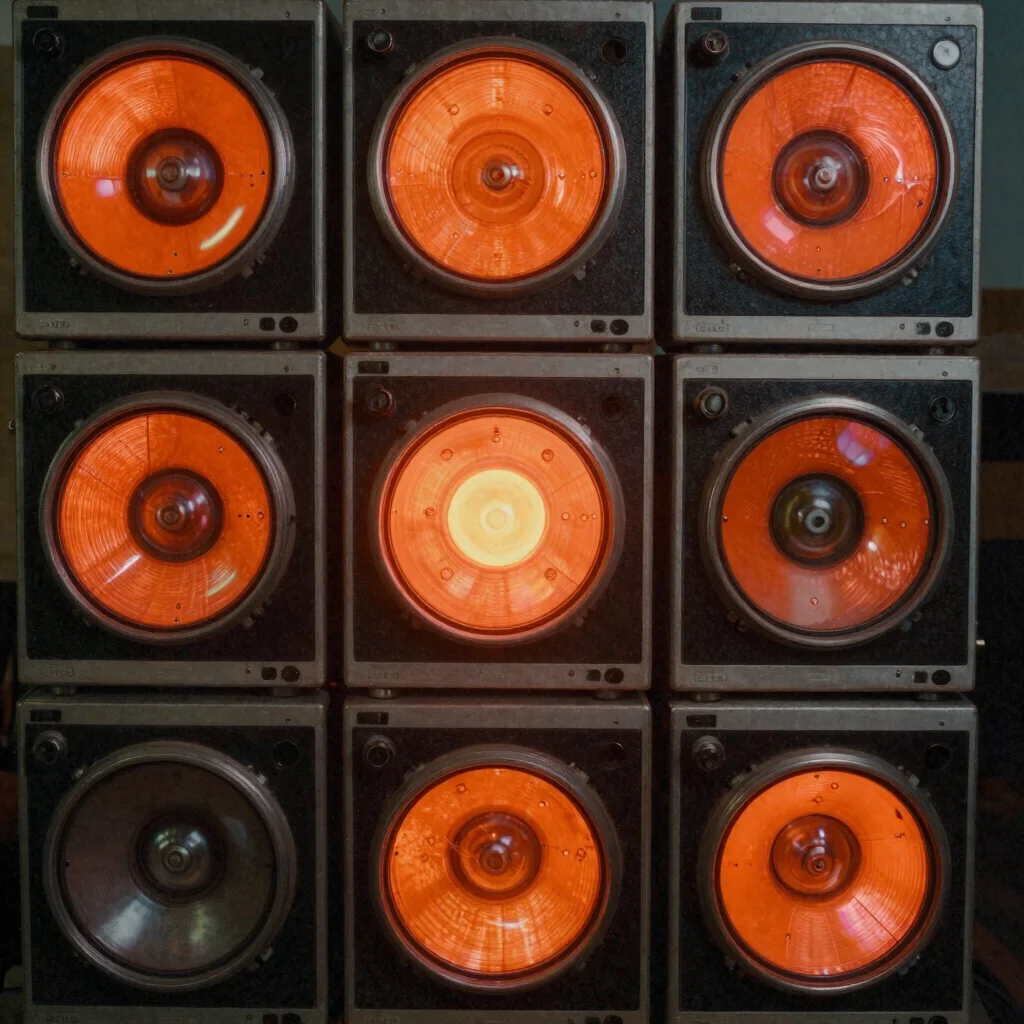 Close-up of retro recording equipment under saturated orange studio gel light, playful grain, vivid candy palette