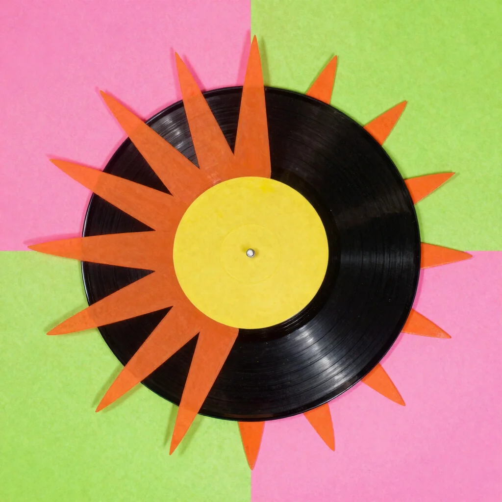 Bold cutout composition of a sunburst and vinyl record, hot pink and lime, tacky 90s graphic energy