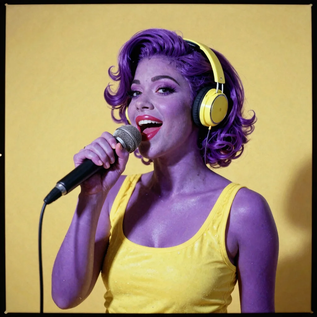 Expressive retro editorial portrait of a stylised synthetic singer, purple and yellow studio gel, 35mm portrait format