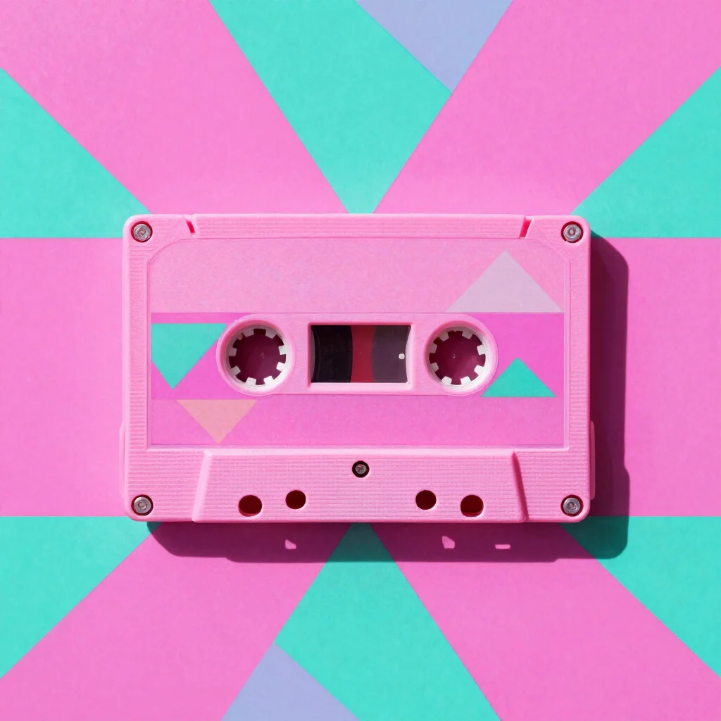 Retro cassette sleeve artwork with bold neon geometric shapes, saturated pink and teal, playful analog print texture, fl